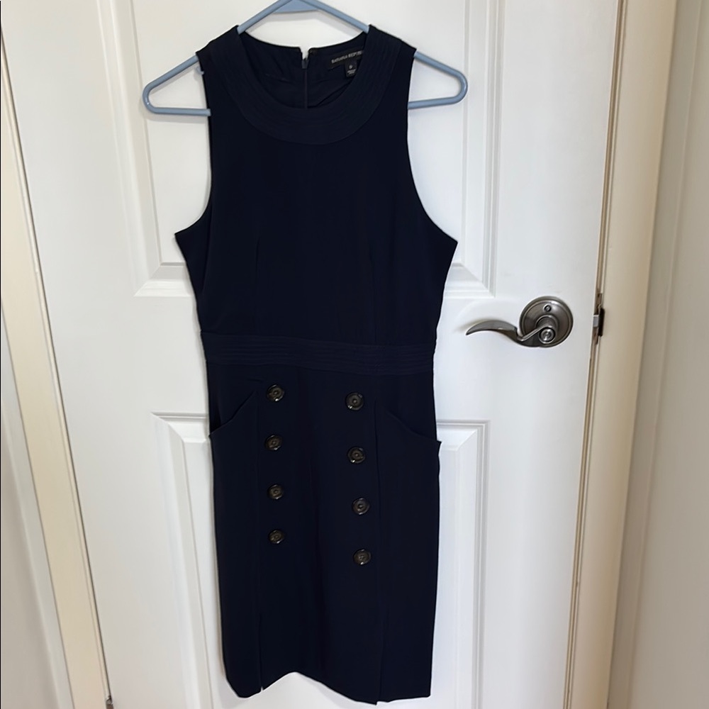 Navy Sleeveless Crew Neck Sheath Midi Dress